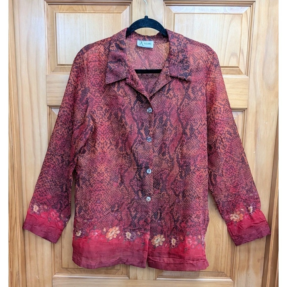 K Studio Women's No Size Semi Sheer Button-Down Front Collar Long Sleeves